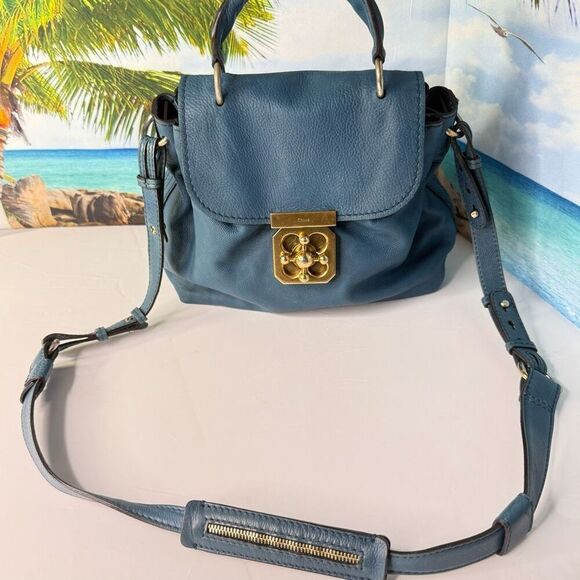 Chloé Elsie Satchel Blue Leather Top Handle Bag Gold Turnlock - Picture 1 of 14